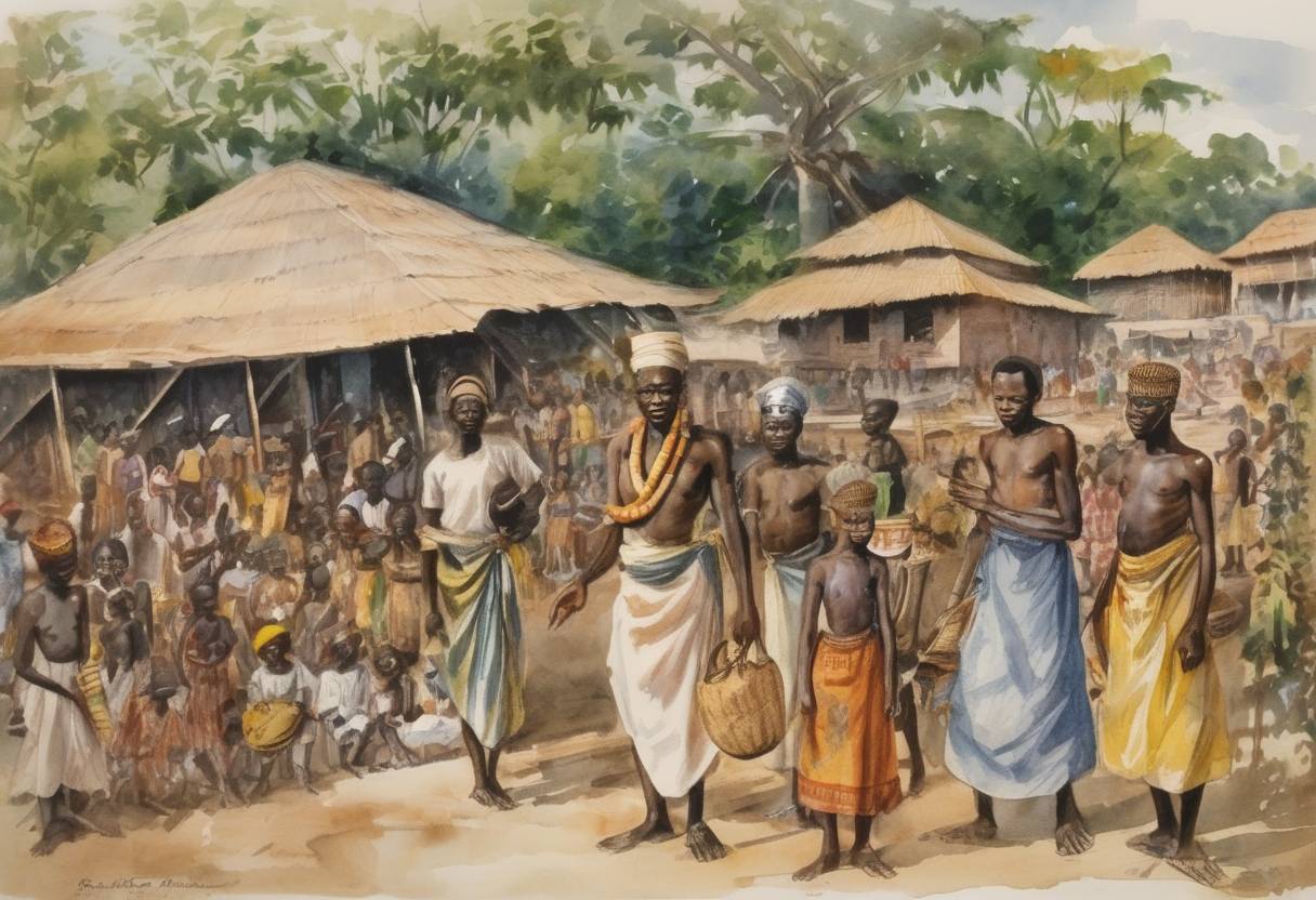 Watercolor painting based depiction of Dahomey (now Benin) gained independence from France. (1960)
