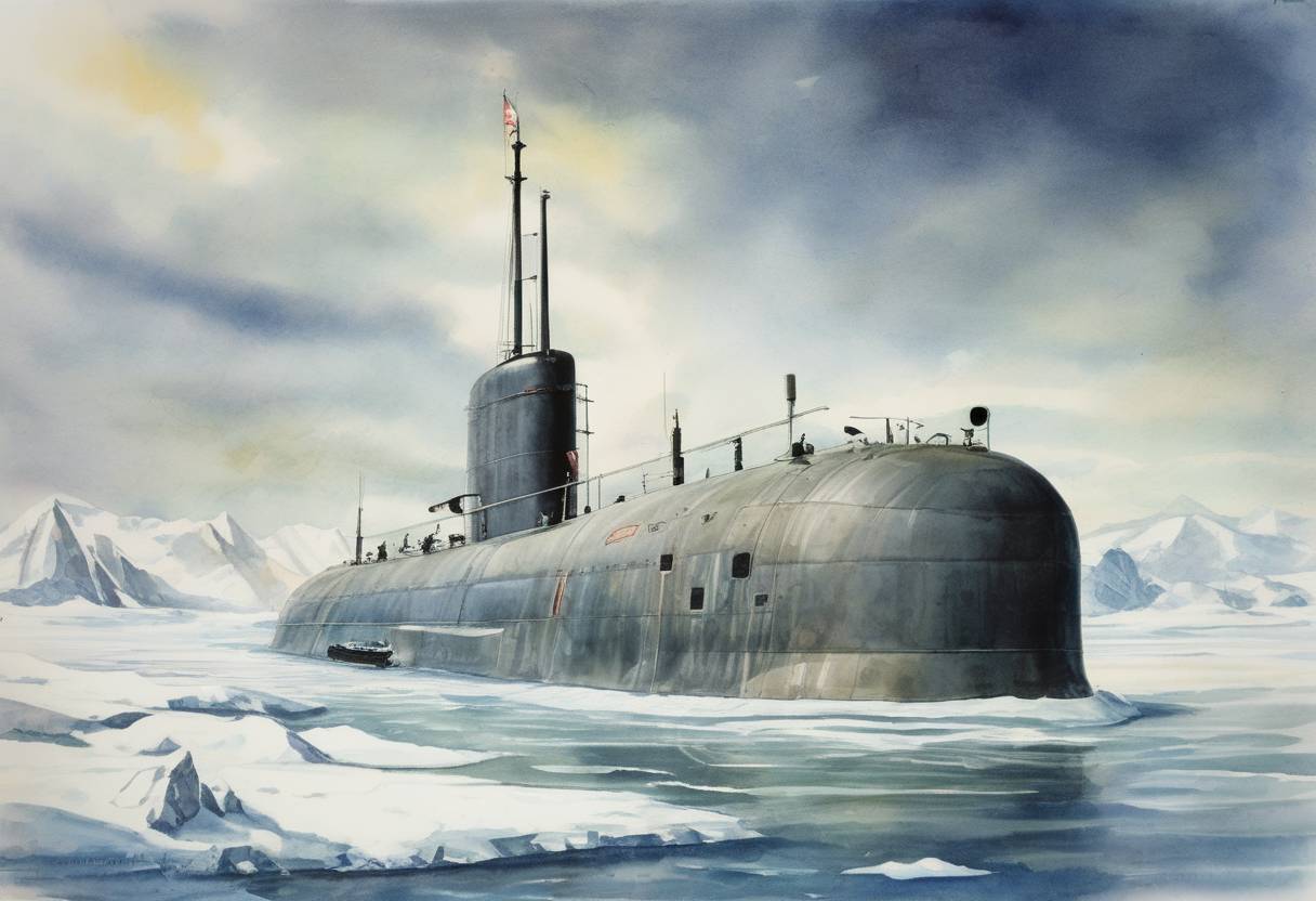 Watercolor painting based depiction of The nuclear-powered submarine USS Nautilus completed the first undersea voyage to the geographic North Pole, marking a significant achievement in naval exploration and Cold War military capabilities. (1958)