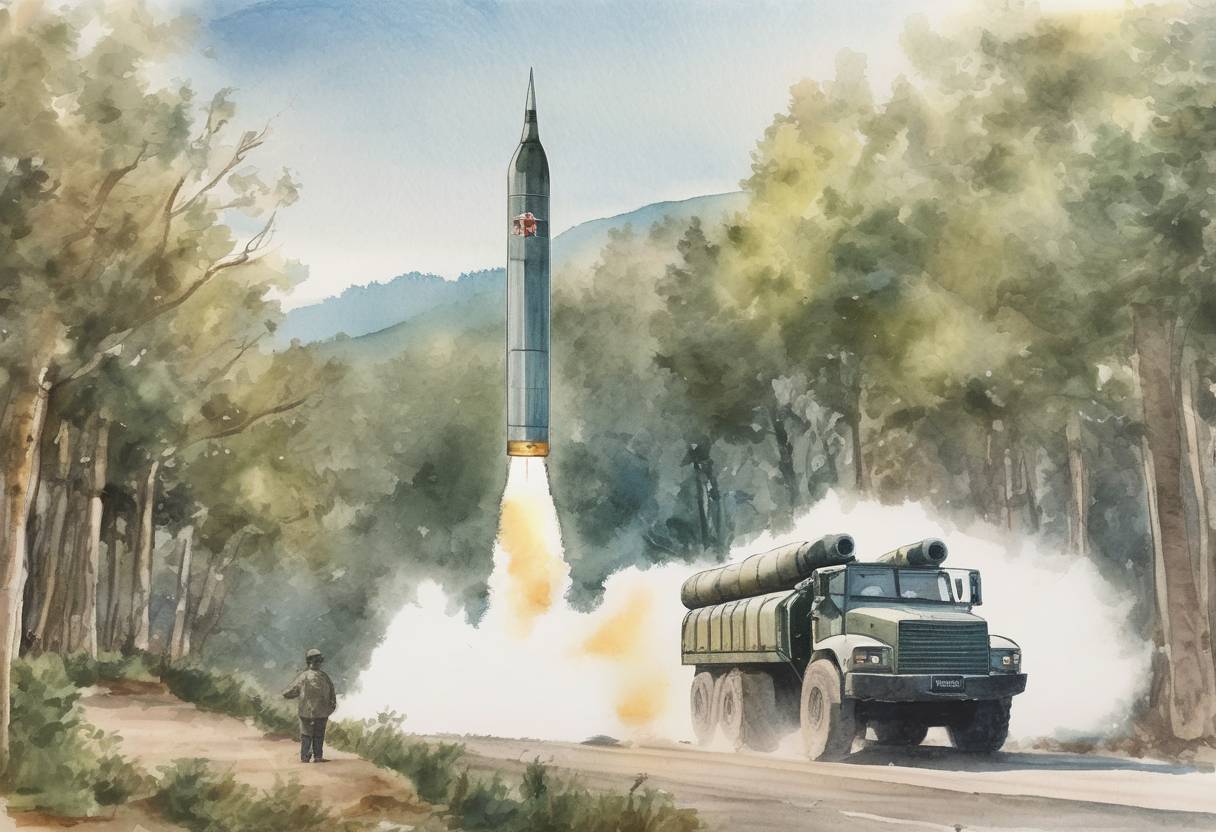 Watercolor painting based depiction of North Korea conducted its first successful test of an intercontinental ballistic missile (ICBM), claiming it could reach the United States. (2017)
