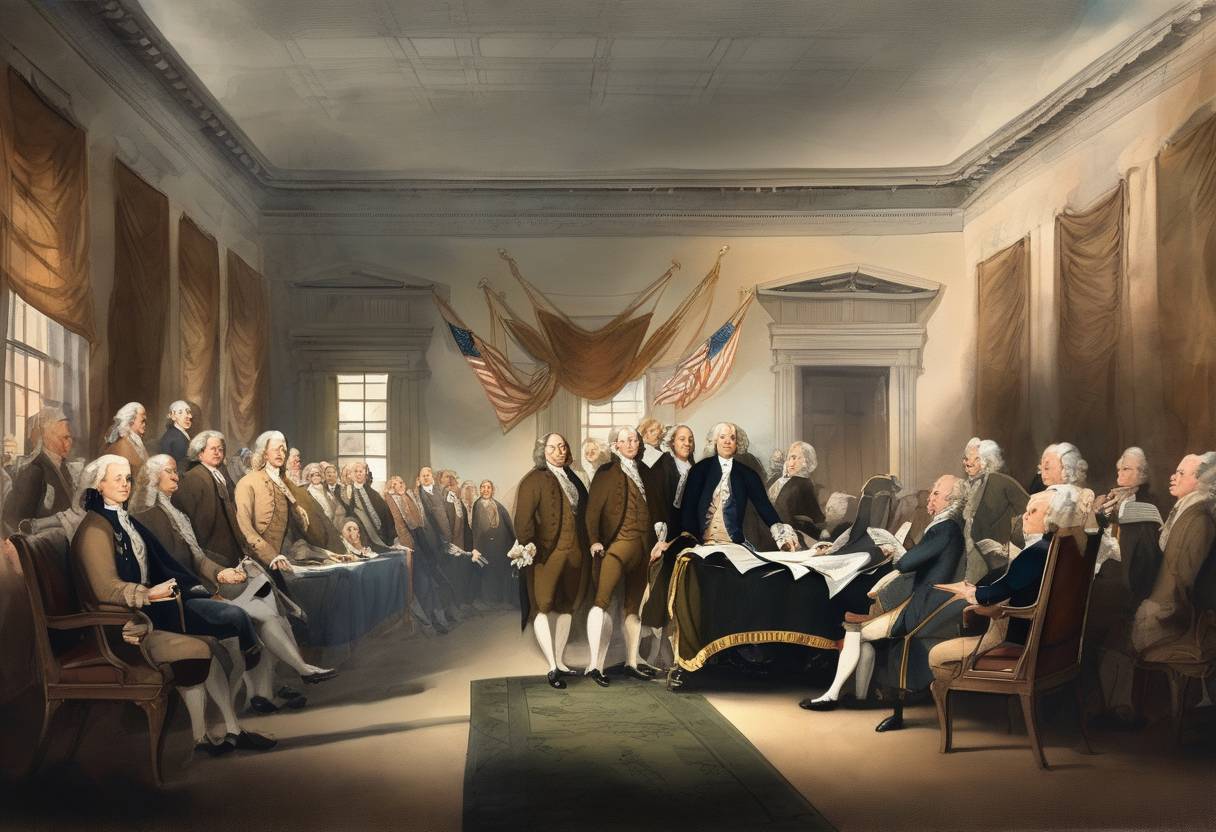 Watercolor painting based depiction of The Continental Congress votes in favor of independence from Great Britain, leading to the adoption of the Declaration of Independence two days later. (1776)