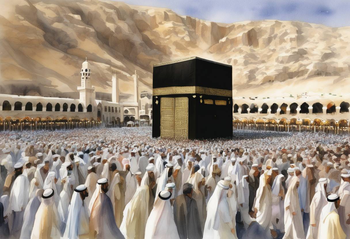 Watercolor painting based depiction of A hajj stampede in Mina, Saudi Arabia, resulted in the deaths of 251 pilgrims. (2004)