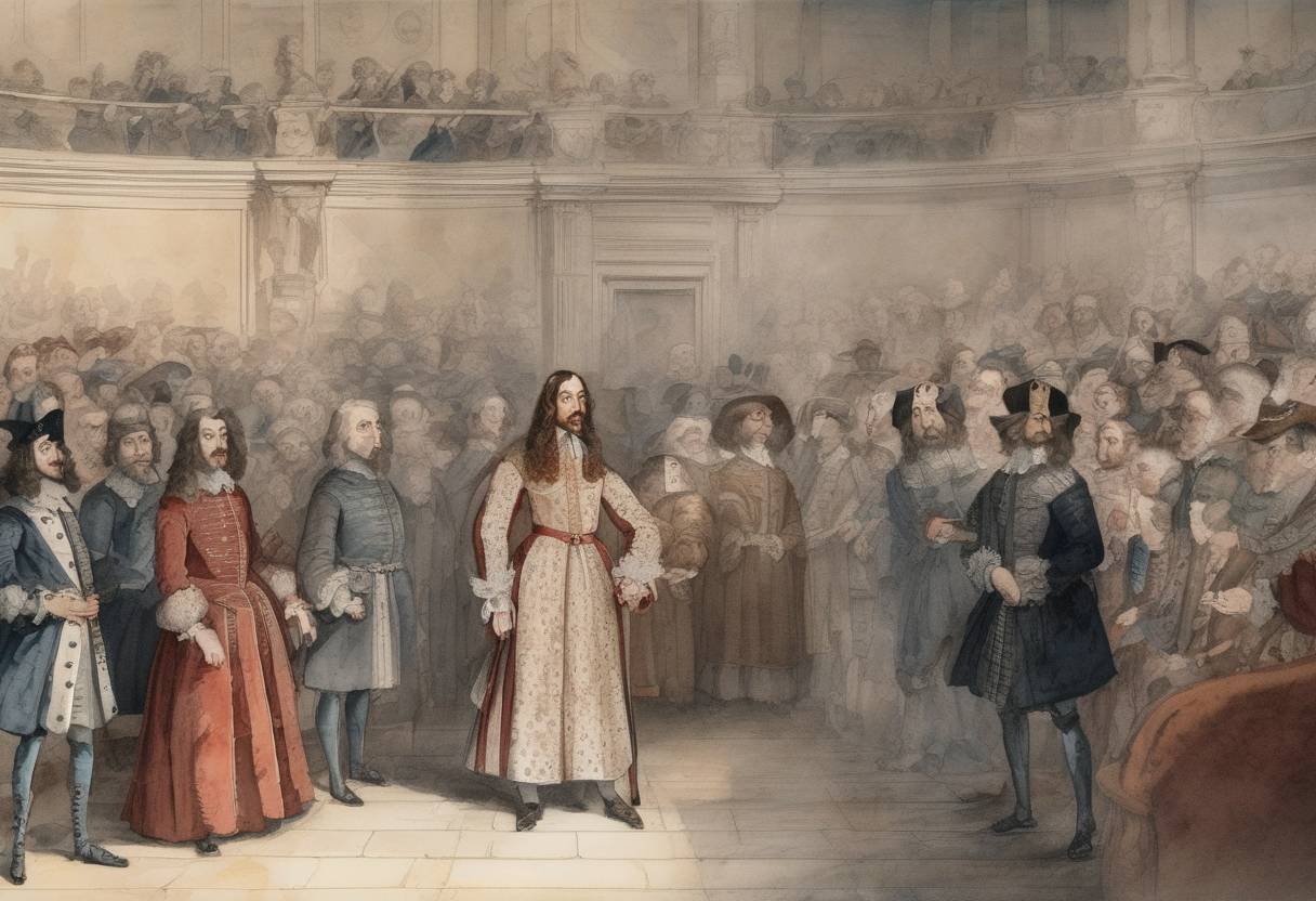 Watercolor painting based depiction of King Charles I of England was executed for treason after being convicted by a High Court of Justice. (1649)