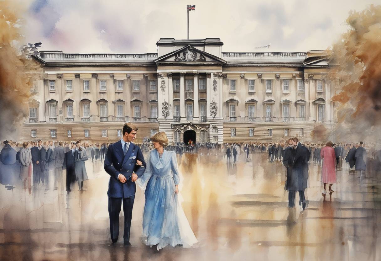 Watercolor painting based depiction of Buckingham Palace announced the engagement of Prince Charles and Lady Diana Spencer, a major event in British royal history. (1981)