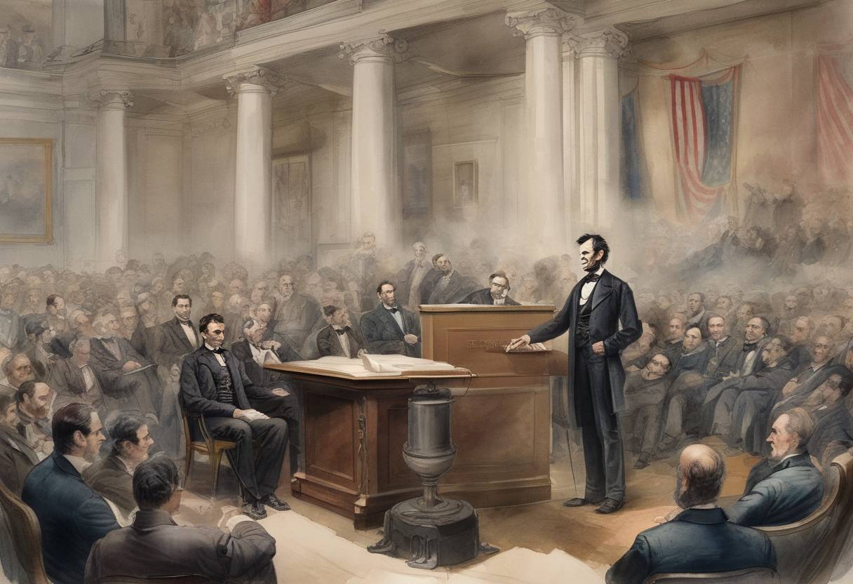 Watercolor painting based depiction of Abraham Lincoln delivers a speech at Cooper Union in New York City, which is largely credited with his gaining the Republican nomination for President. (1860)