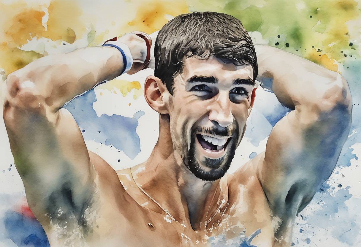 Watercolor painting based depiction of Michael Phelps won his 23rd Olympic gold medal at the Rio de Janeiro Summer Olympics, solidifying his status as the most decorated Olympian of all time. (2016)