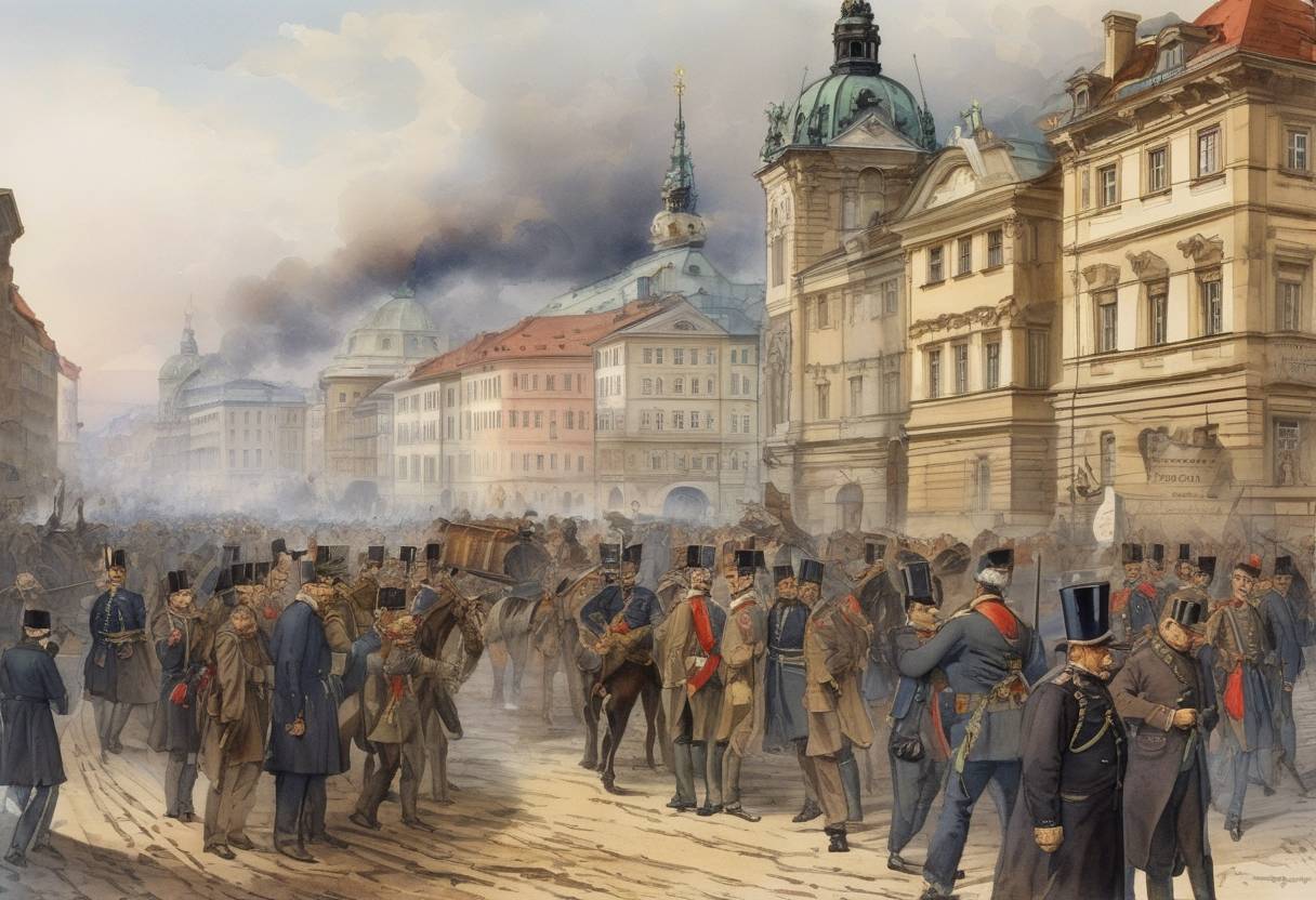 Watercolor painting based depiction of The Austro-Prussian War ended with the signing of the Treaty of Prague, which resulted in the dissolution of the German Confederation and the exclusion of Austria from German affairs. (1866)
