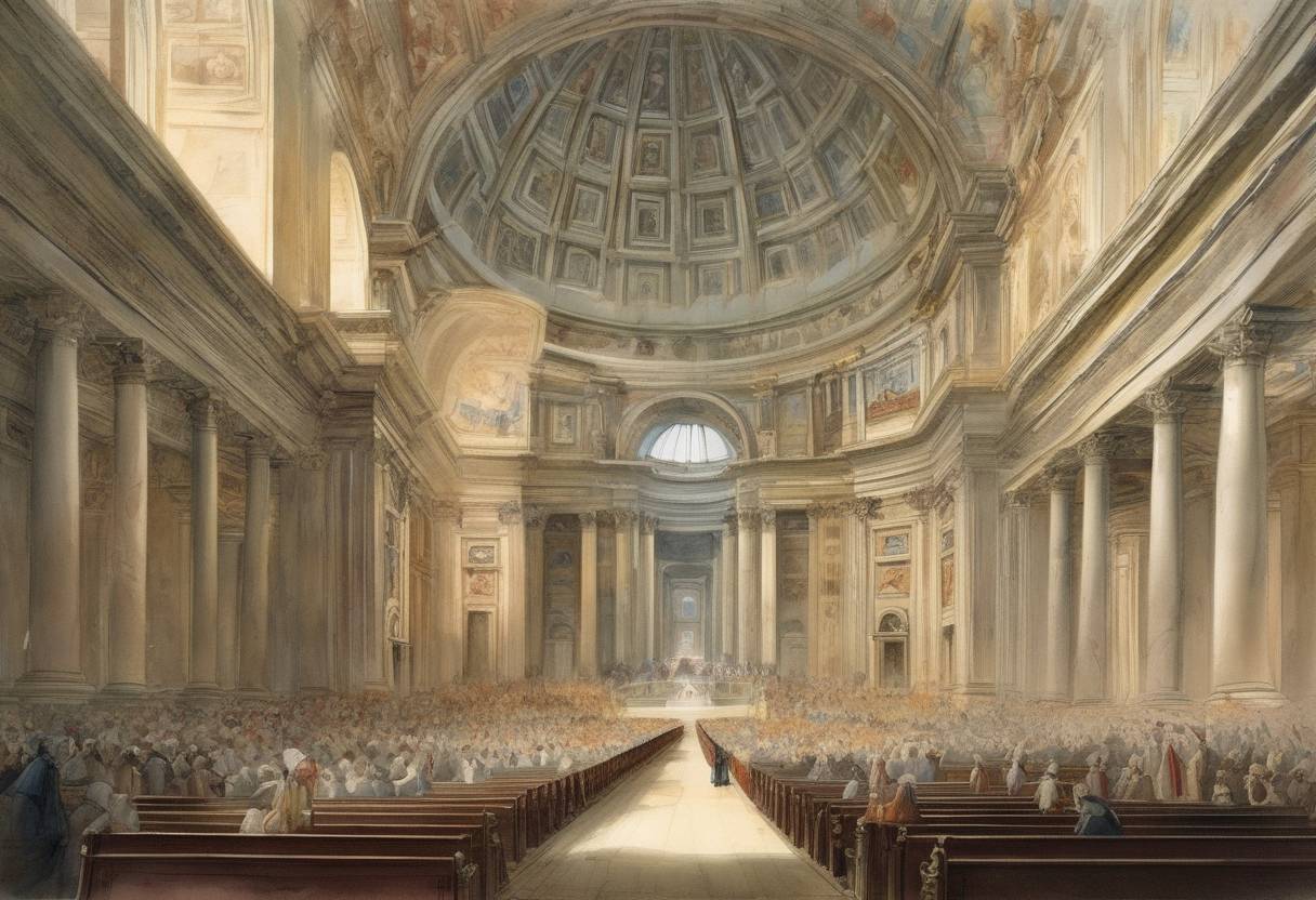 Watercolor painting based depiction of The First Vatican Council decreed the dogma of papal infallibility, asserting that the Pope is preserved from the possibility of error when he solemnly declares a dogmatic teaching on faith or morals. (1870)