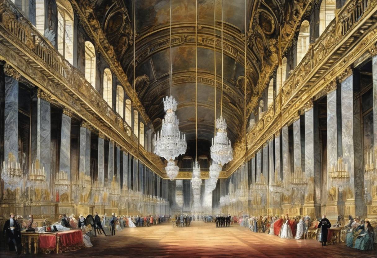 Watercolor painting based depiction of The German Empire was proclaimed in the Hall of Mirrors at the Palace of Versailles, marking the unification of Germany. (1871)