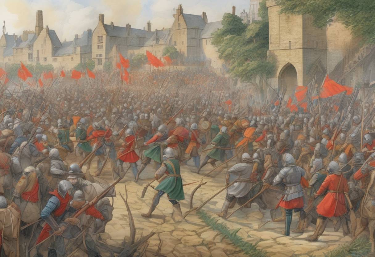 Watercolor painting based depiction of The Peasants' Revolt in England reached a climax as rebels led by Wat Tyler entered London, marking a significant moment in the struggle against feudal oppression. (1381)