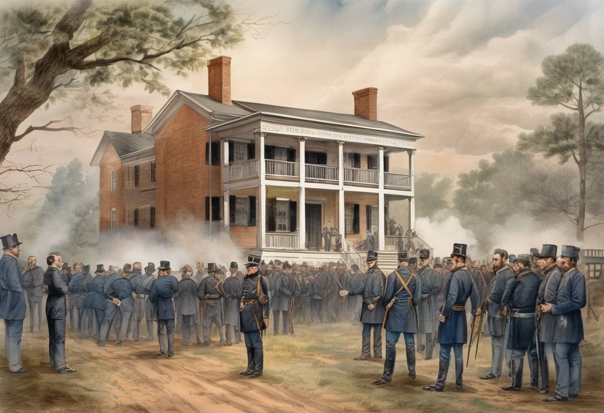 Watercolor painting based depiction of The American Civil War effectively ended with the surrender of Confederate General Robert E. Lee to Union General Ulysses S. Grant at Appomattox Court House. (1865)