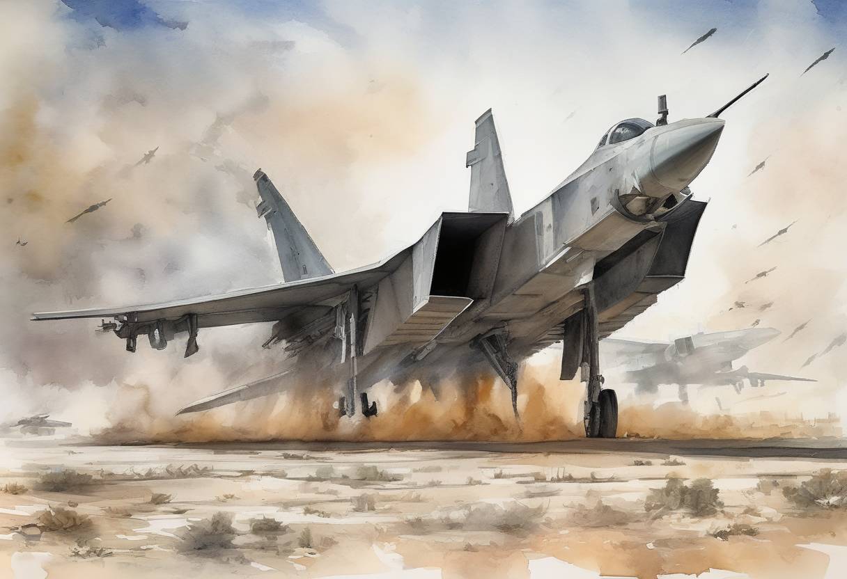 Watercolor painting based depiction of The United States launched 59 Tomahawk cruise missiles at the Shayrat Airbase in Syria in response to a chemical weapons attack on civilians in Khan Shaykhun, marking the first direct American assault on the Syrian government during the civil war. (2017)