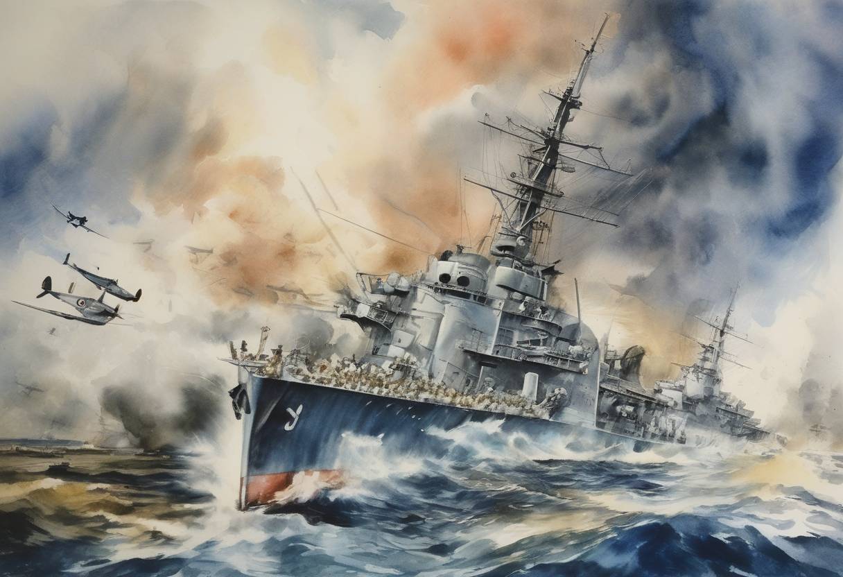 Watercolor painting based depiction of The Battle of the Coral Sea, a major naval battle in the Pacific Theater of World War II, began between the Imperial Japanese Navy and Allied naval and air forces from the United States and Australia. (1942)