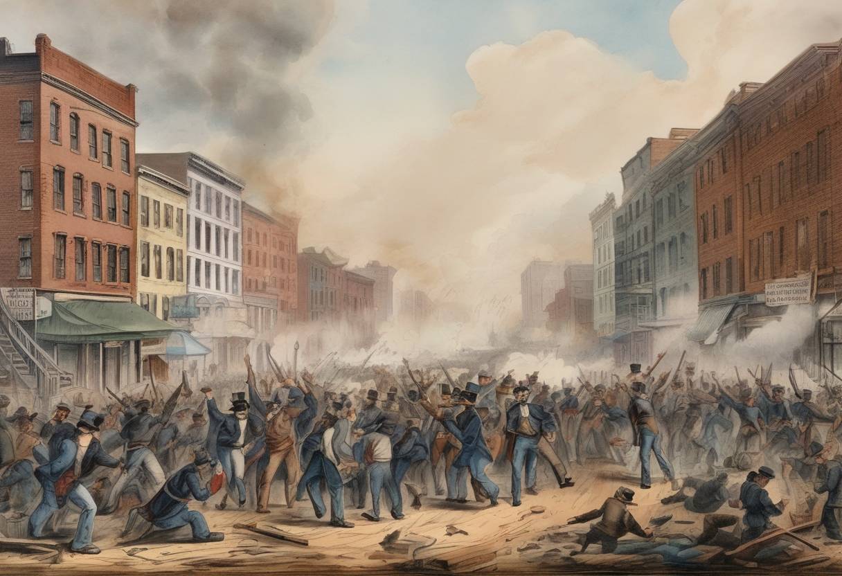 Watercolor painting based depiction of The New York City draft riots began, lasting several days, as a response to the Union draft during the American Civil War. (1863)