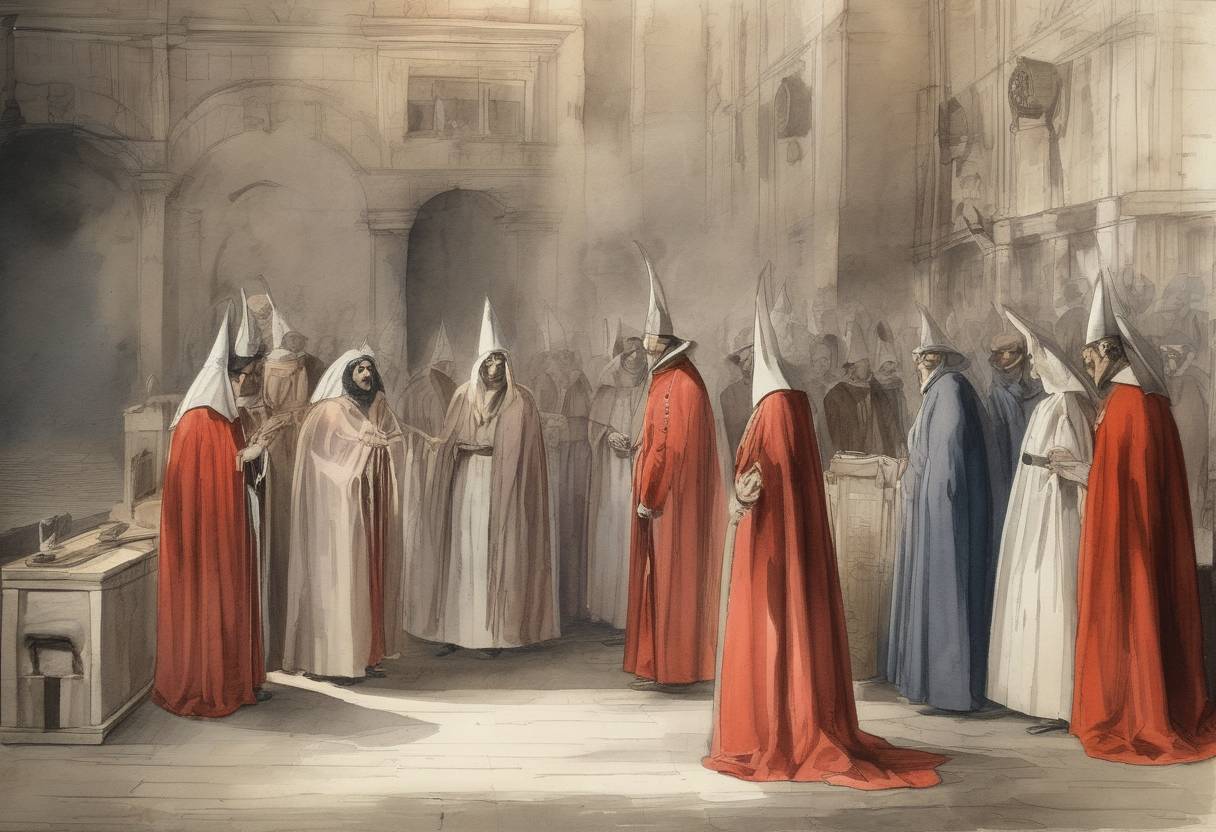 Watercolor painting based depiction of The Spanish Inquisition is officially disbanded after more than 350 years of religious persecution and trials. (1834)
