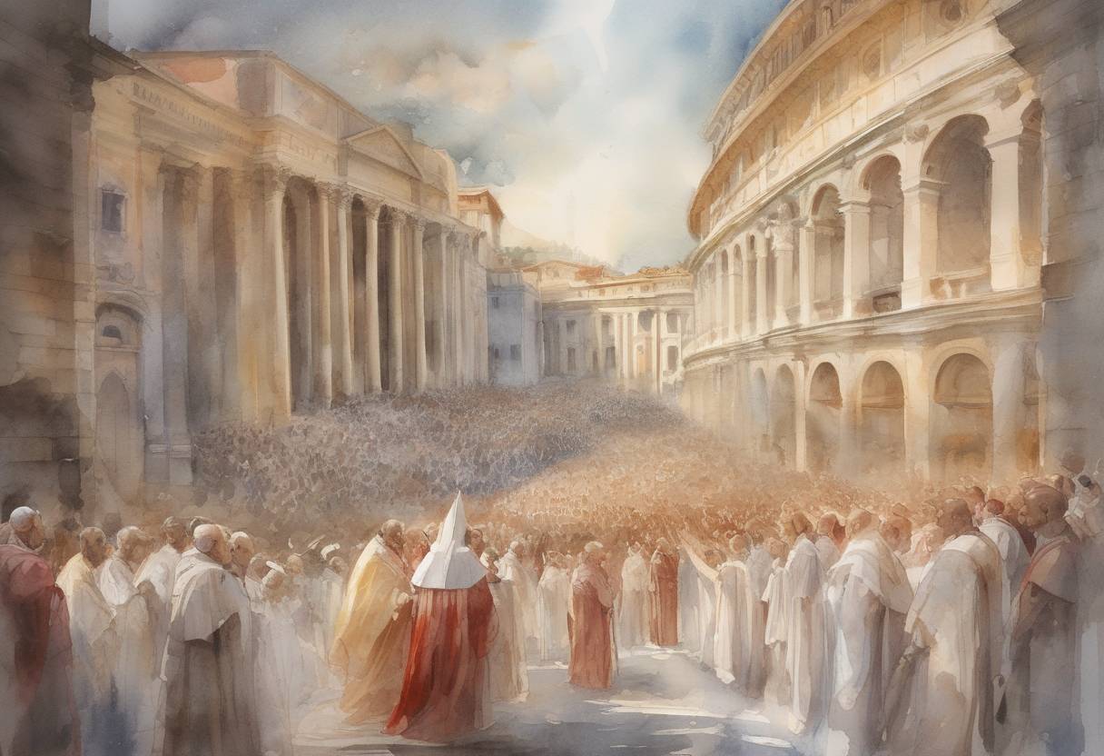 Watercolor painting based depiction of Pope Gelasius I becomes the 49th pope of the Catholic Church, known for his writings on the separation of church and state. (492)