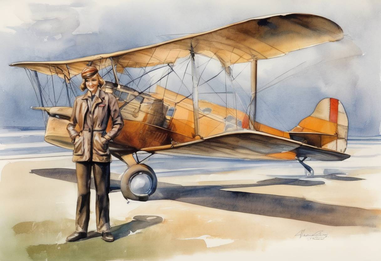 Watercolor painting based depiction of Amelia Earhart became the first woman to fly across the Atlantic Ocean as a passenger on the Fokker F.VII Friendship, piloted by Wilmer Stultz and Louis Gordon. This achievement helped to pave the way for her later solo transatlantic flight in 1932. (1928)