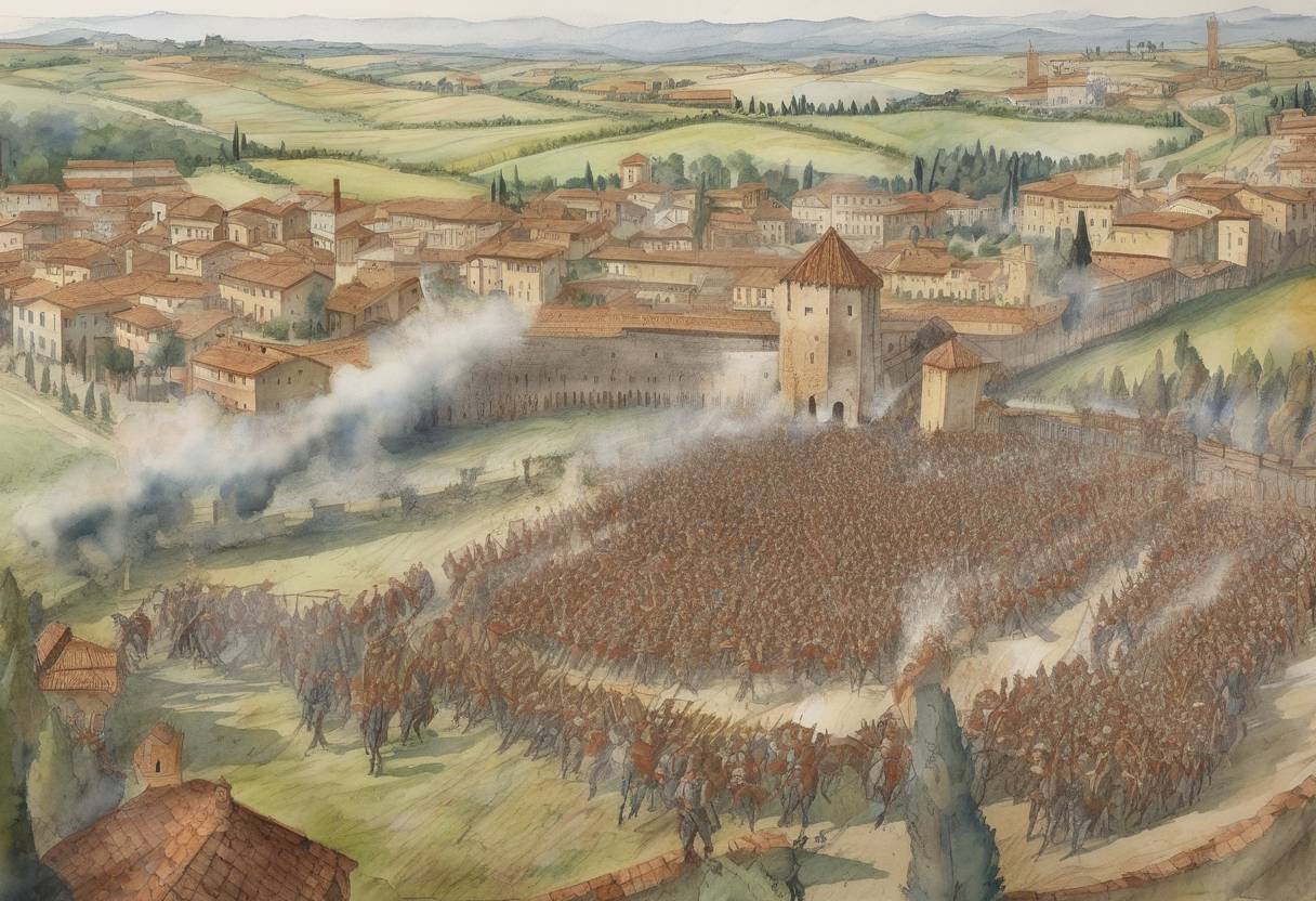 Watercolor painting based depiction of The Battle of Cascina took place between the Republic of Florence and the Republic of Pisa, part of the ongoing conflicts in Italy during the 14th century. (1364)