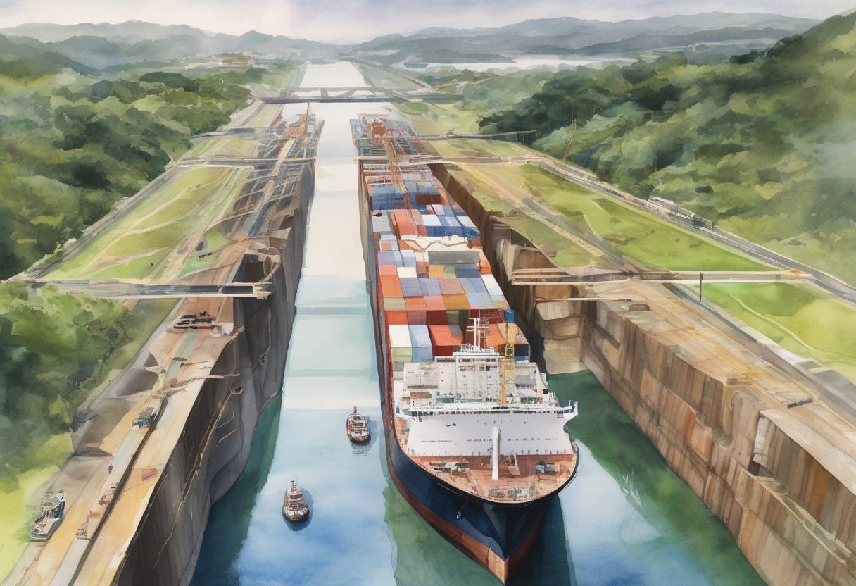 Watercolor painting based depiction of The Panama Canal expansion project, known as the 'Third Set of Locks Project,' was completed, allowing larger ships to pass through the canal. (2016)