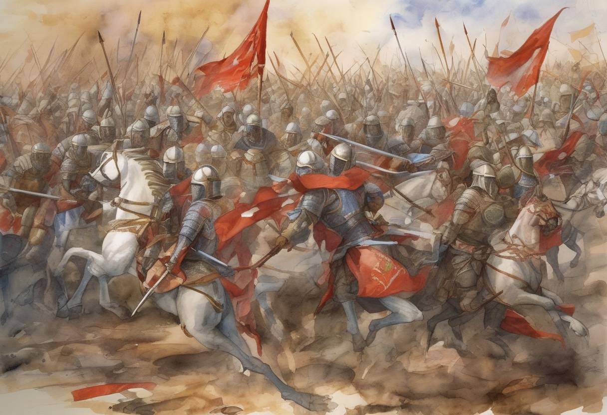 Watercolor painting based depiction of The Battle of Inab took place during the Second Crusade, where Nur ad-Din Zangi defeated the Crusader forces led by Raymond of Antioch. (1149)