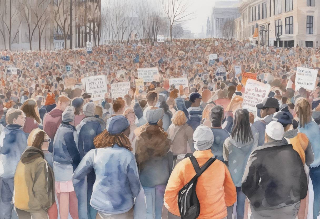 Watercolor painting based depiction of The March for Our Lives, a student-led demonstration in support of tighter gun control, took place in Washington, D.C., and other cities across the United States. (2018)