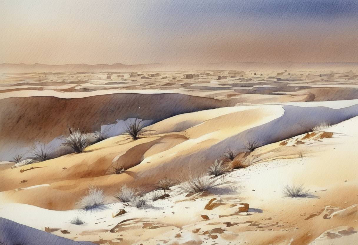 Watercolor painting based depiction of Snow falls in the Sahara Desert in southern Algeria for the only time in recorded history. (1979)