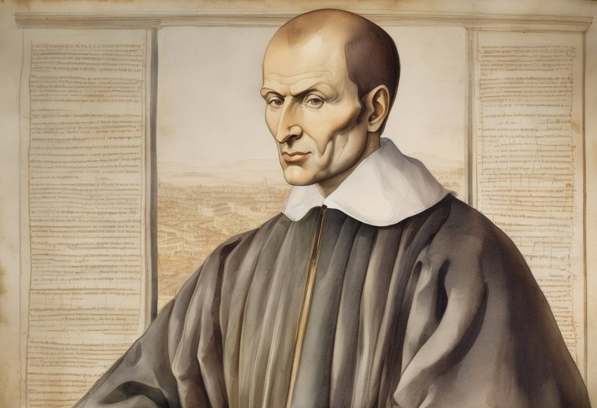 Watercolor painting based depiction of Niccolò Machiavelli, the Italian diplomat, philosopher, and writer, died. He is best known for his political treatise, 'The Prince,' which is often regarded as one of the first works of modern political philosophy. (1527)