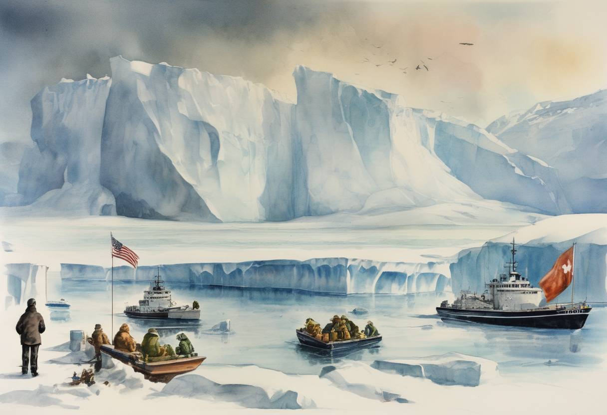 Watercolor painting based depiction of The Antarctic Treaty, which regulates international relations with respect to Antarctica, came into force, establishing the region as a scientific preserve and banning military activity. (1961)