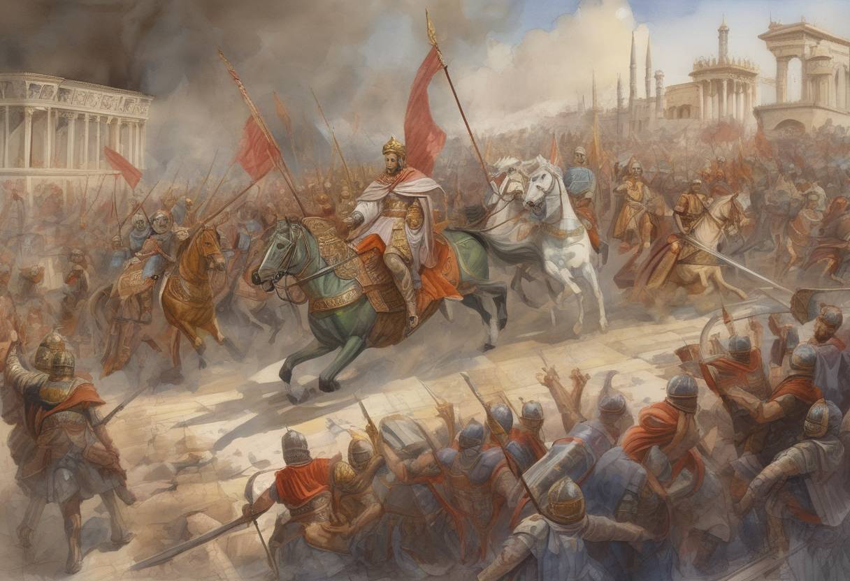 Watercolor painting based depiction of Byzantine Emperor Zeno is forced to flee his capital at Constantinople, as his general Basiliscus stages a revolt and assumes the throne. (475)