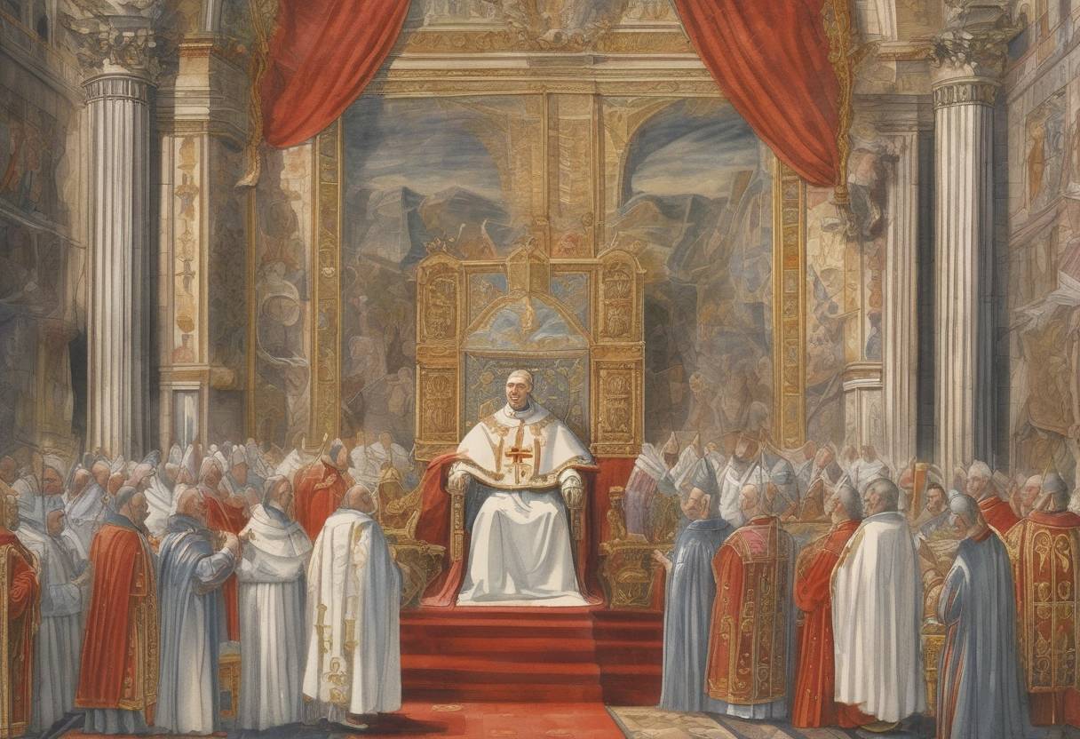 Watercolor painting based depiction of Nicholas V is elected as the new pope, succeeding Pope Eugene IV. (1447)