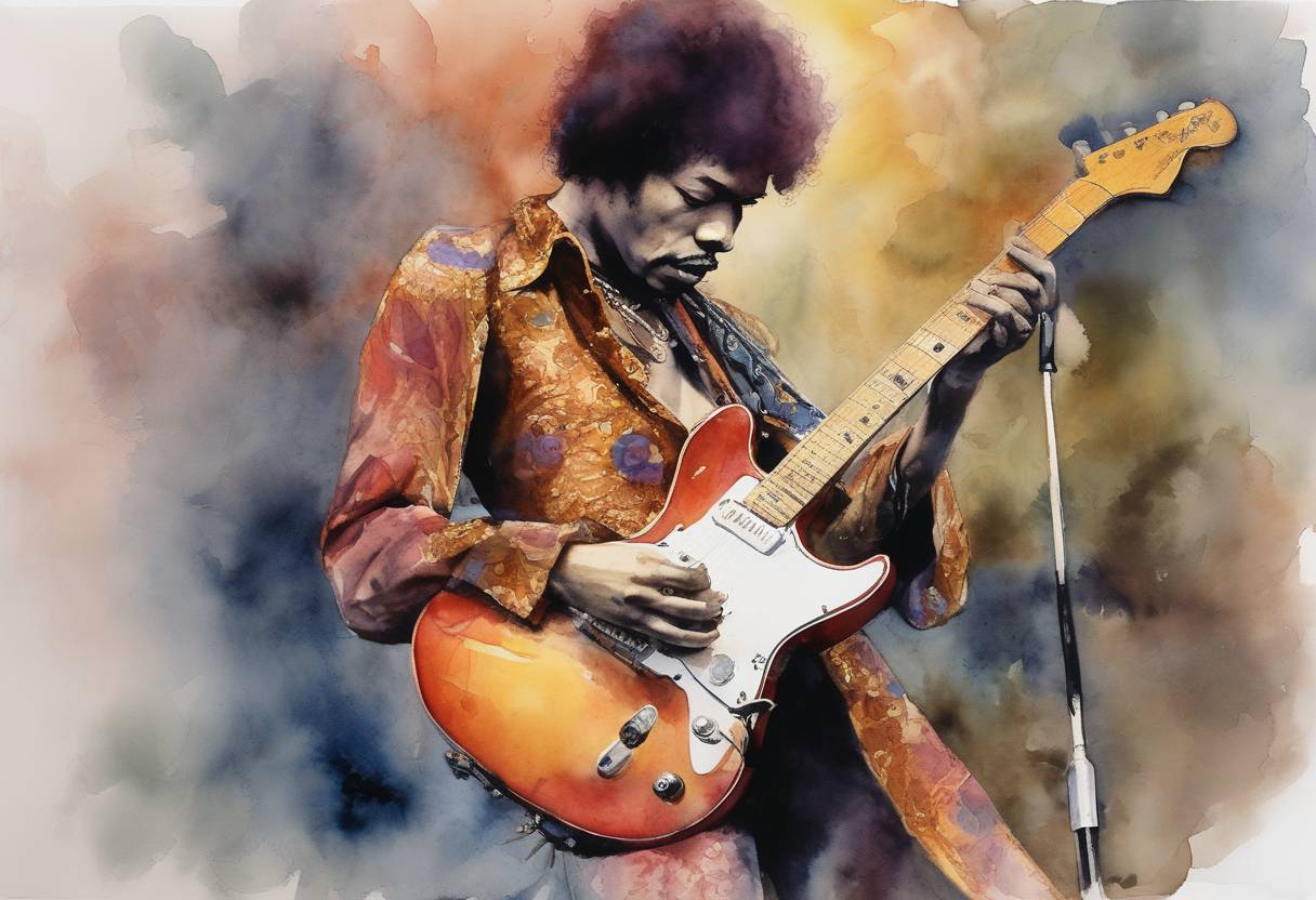 Watercolor painting based depiction of Jimi Hendrix set fire to his guitar on stage for the first time at the Astoria Theatre in London, an iconic moment in rock music history. (1967)