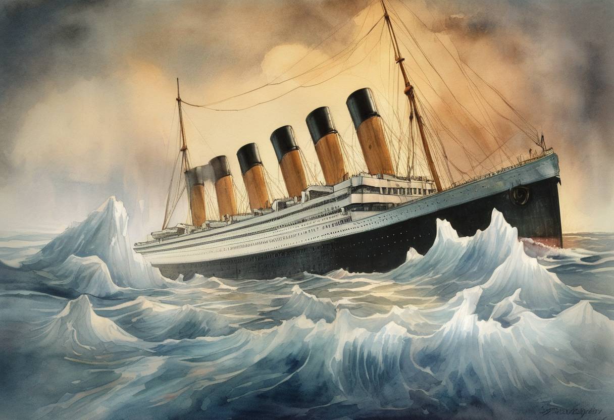 Watercolor painting based depiction of The RMS Titanic struck an iceberg in the North Atlantic Ocean at 11:40 PM ship's time, leading to its sinking and the loss of over 1,500 lives. (1912)