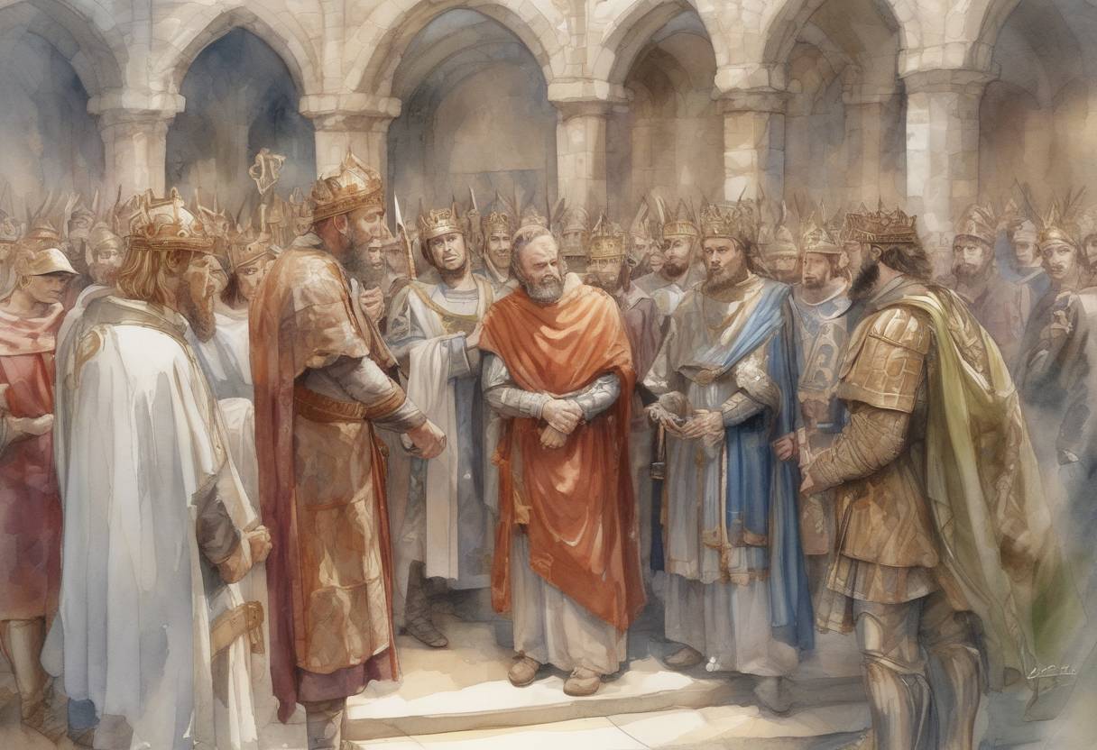Watercolor painting based depiction of King Edwin of Northumbria is converted to Christianity by Paulinus, a Roman missionary, marking a significant moment in the Christianization of England. (627)