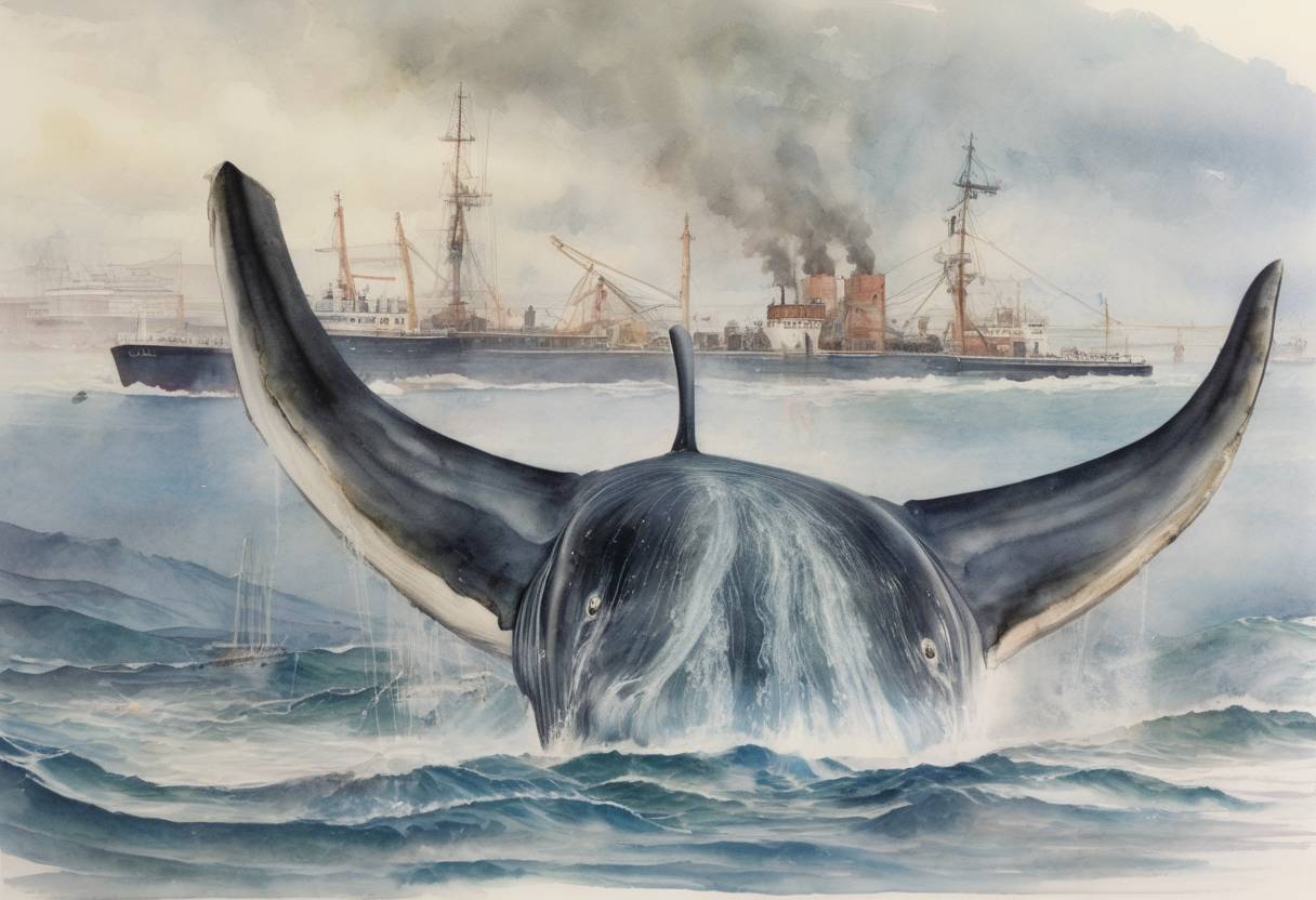 Watercolor painting based depiction of International Whaling Commission decides to end commercial whaling by 1985-86. (1982)