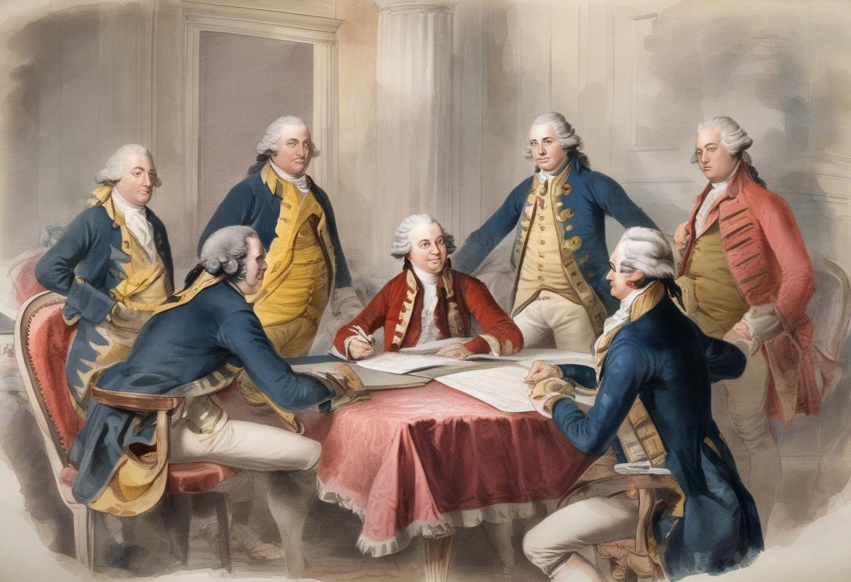 Watercolor painting based depiction of The United States ratifies the Treaty of Paris, officially ending the American Revolutionary War. (1784)