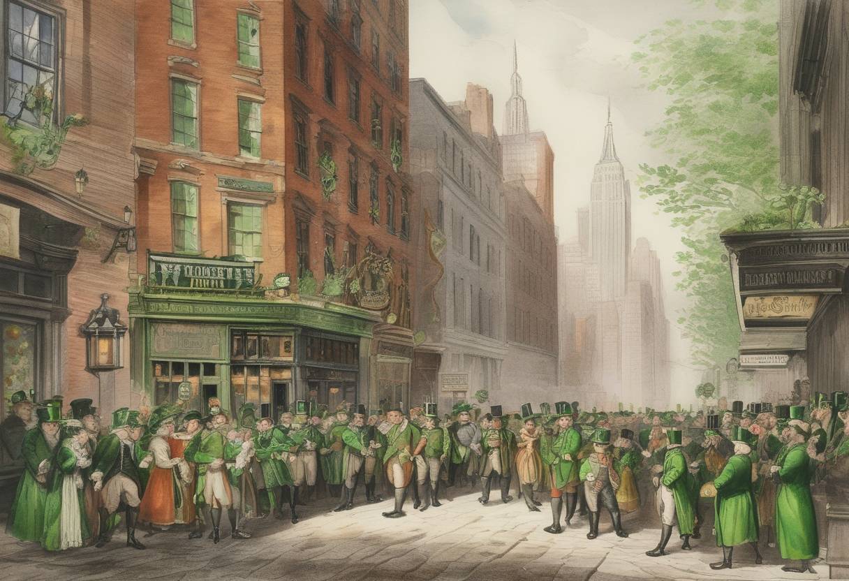 Watercolor painting based depiction of St. Patrick's Day was celebrated in New York City for the first time at the Crown and Thistle Tavern. (1756)