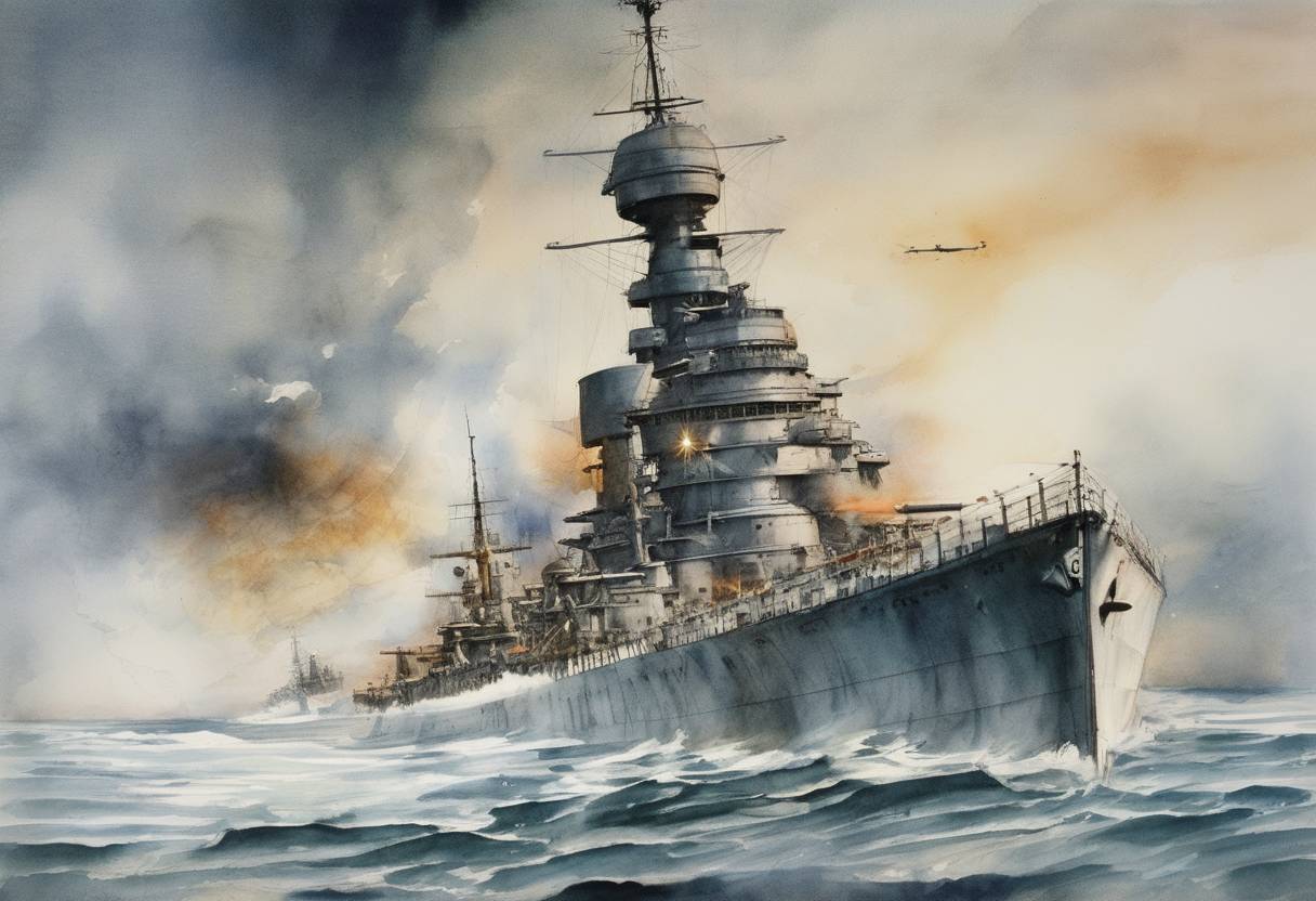 Watercolor painting based depiction of The German battleship Bismarck is sunk in the North Atlantic by British naval forces during World War II. (1941)