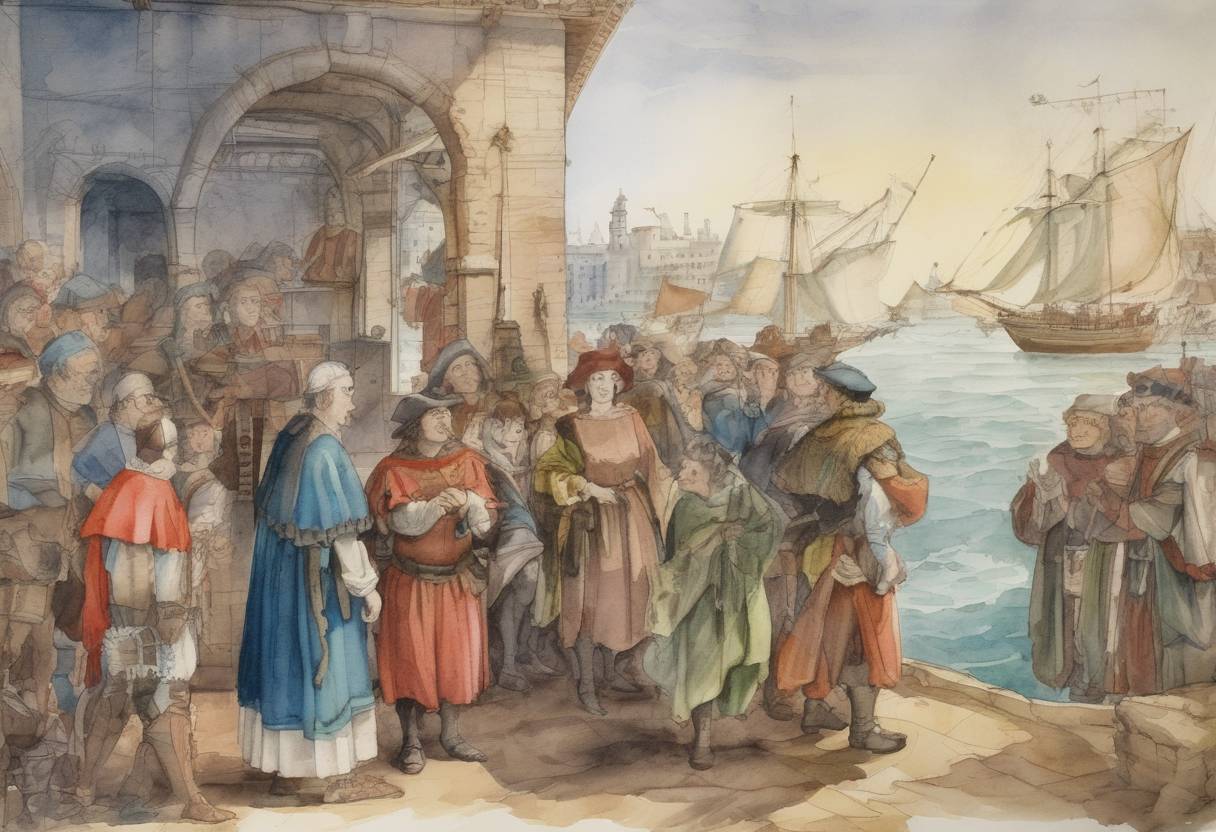 Watercolor painting based depiction of Christopher Columbus returned to Spain after his first voyage to the Americas. (1493)