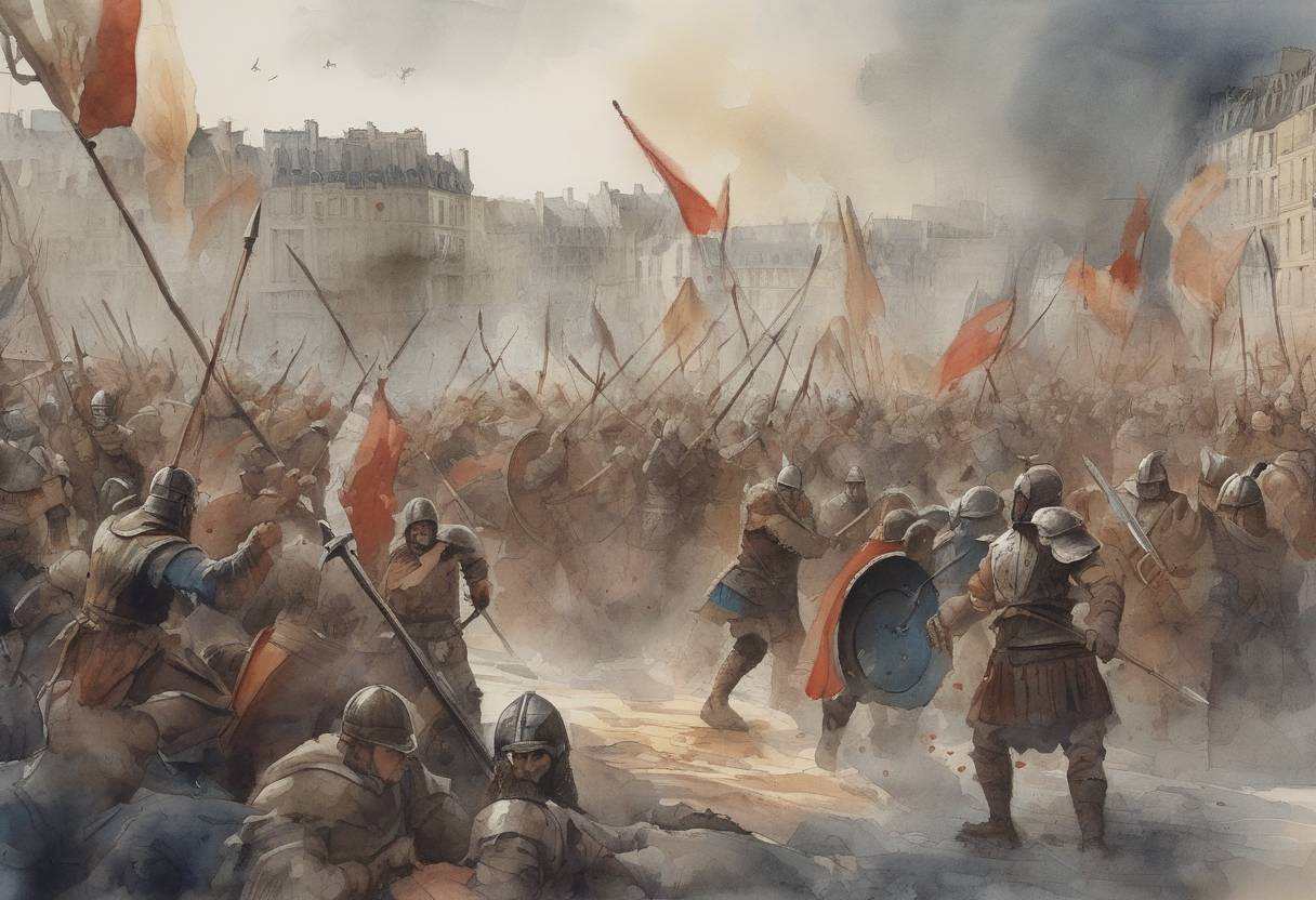 Watercolor painting based depiction of Paris is sacked by Viking raiders, led by Ragnar Lodbrok, during the Siege of Paris. (845)