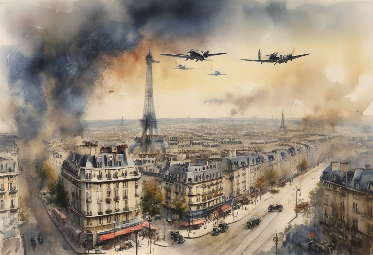 Watercolor painting based depiction of World War II: The Luftwaffe bombs Paris, France, as part of the German offensive in Western Europe. (1940)