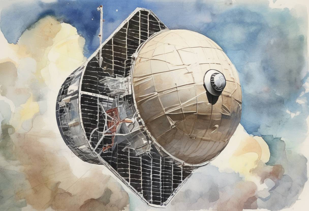 Watercolor painting based depiction of Telstar, the world's first active communications satellite, was launched, enabling the first live transatlantic television broadcast. (1962)