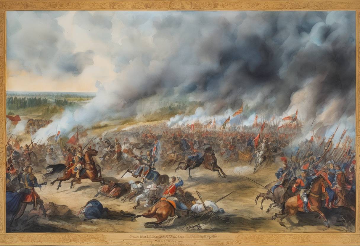 Watercolor painting based depiction of The Battle of Poltava took place, marking a decisive victory for Peter the Great of Russia over Charles XII of Sweden in the Great Northern War. (1709)