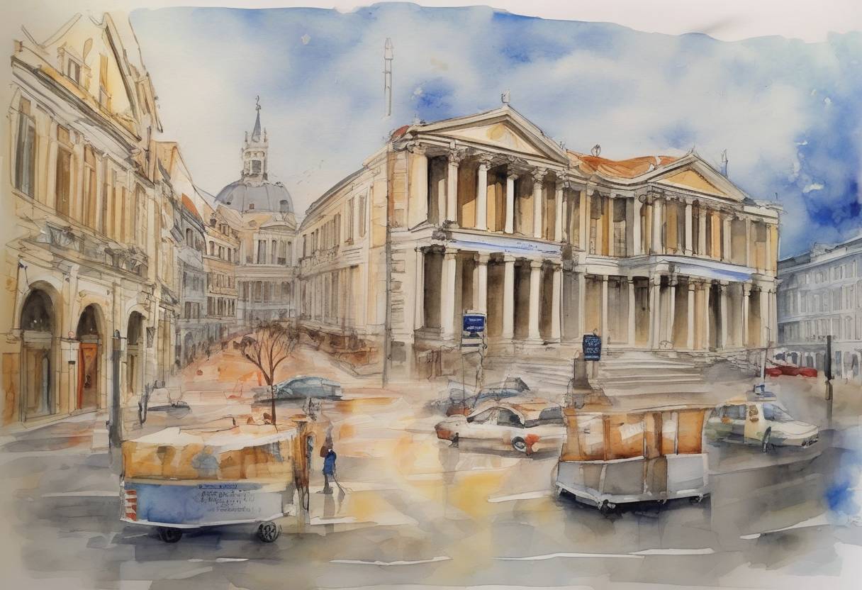 Watercolor painting based depiction of The European Union and the International Monetary Fund agree on a €110 billion bailout package for Greece to address its sovereign debt crisis. (2010)