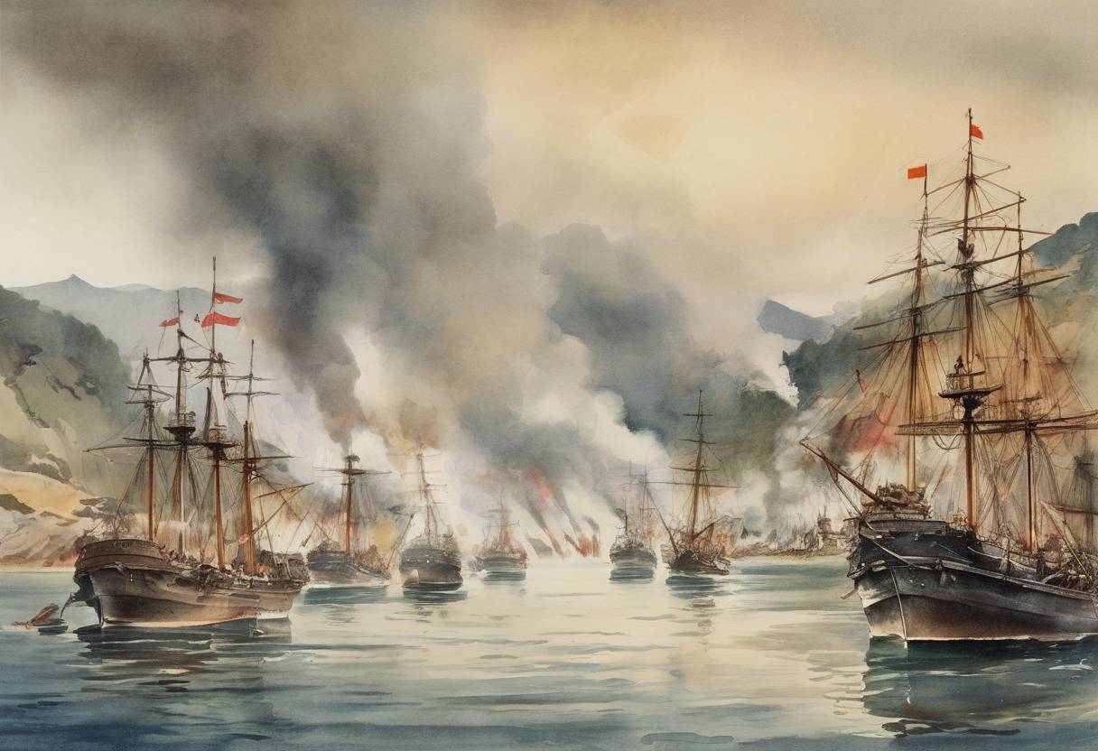 Watercolor painting based depiction of The Russo-Japanese War began with a surprise attack by the Japanese on the Russian fleet at Port Arthur. (1904)