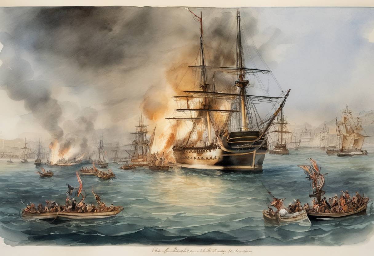 Watercolor painting based depiction of The first Barbary War: Stephen Decatur leads a raid to burn the captured USS Philadelphia. (1804)