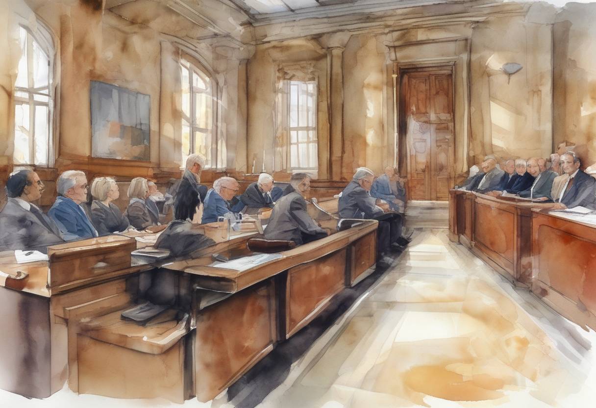 Watercolor painting based depiction of The trial of former Yugoslav President Slobodan Milošević began at the International Criminal Tribunal for the former Yugoslavia (ICTY) in The Hague. He faced charges of crimes against humanity, war crimes, and genocide related to the wars in Bosnia, Croatia, and Kosovo. (2002)