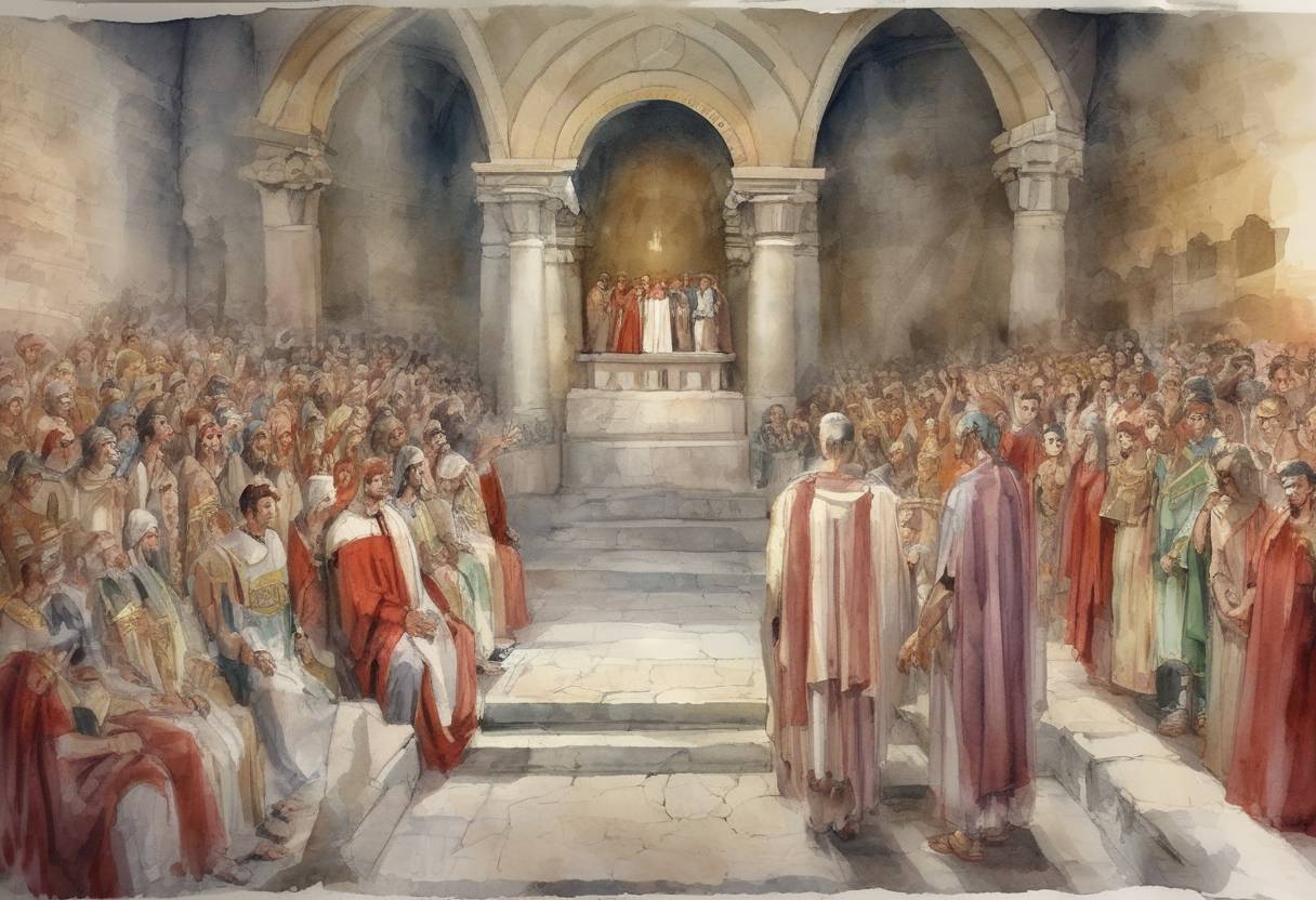 Watercolor painting based depiction of The First Council of Nicaea was convened by the Roman Emperor Constantine I. This was the first ecumenical council of the Christian Church, held in the city of Nicaea (now İznik, Turkey). The council aimed to address the Arian controversy and resulted in the first uniform Christian doctrine, the Nicene Creed. (325)