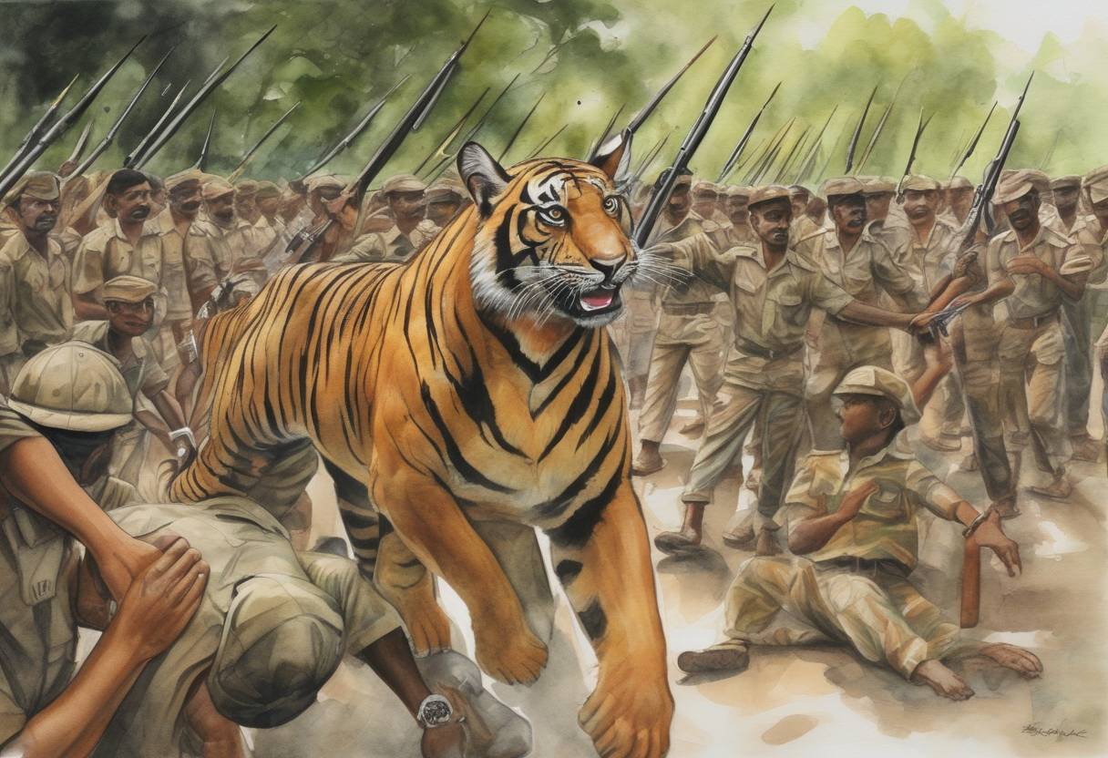 Watercolor painting based depiction of Sri Lankan government declared victory over the Liberation Tigers of Tamil Eelam (LTTE), ending a 26-year civil war. (2009)
