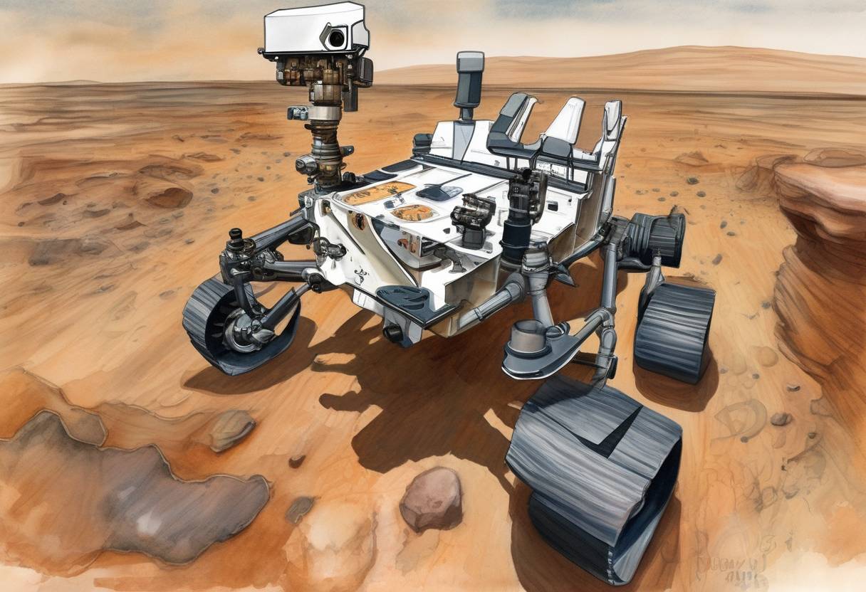 Watercolor painting based depiction of The Curiosity rover, part of NASA's Mars Science Laboratory mission, successfully performs its first test drive on the surface of Mars. (2012)