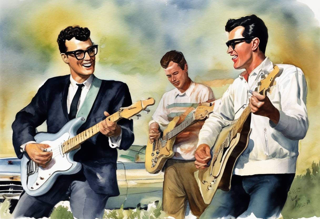 Watercolor painting based depiction of Buddy Holly, Ritchie Valens, and J.P. Richardson, known as The Big Bopper, died in a plane crash near Clear Lake, Iowa, an event later referred to as "The Day the Music Died." (1959)