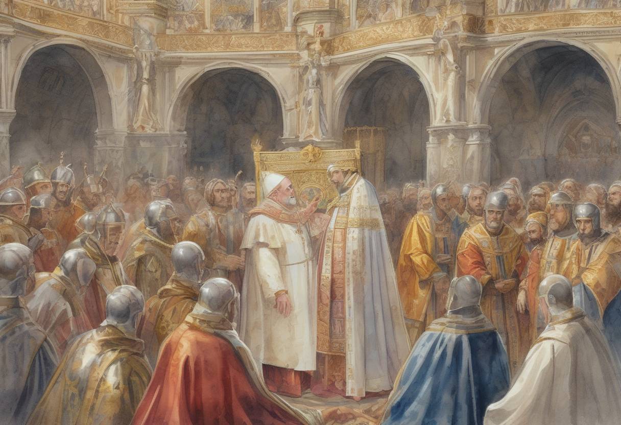 Watercolor painting based depiction of Pope Stephen II anointed Pepin the Short as King of the Franks, marking the first time a pope had crowned a king, which established the precedent for papal involvement in European political affairs. (754)